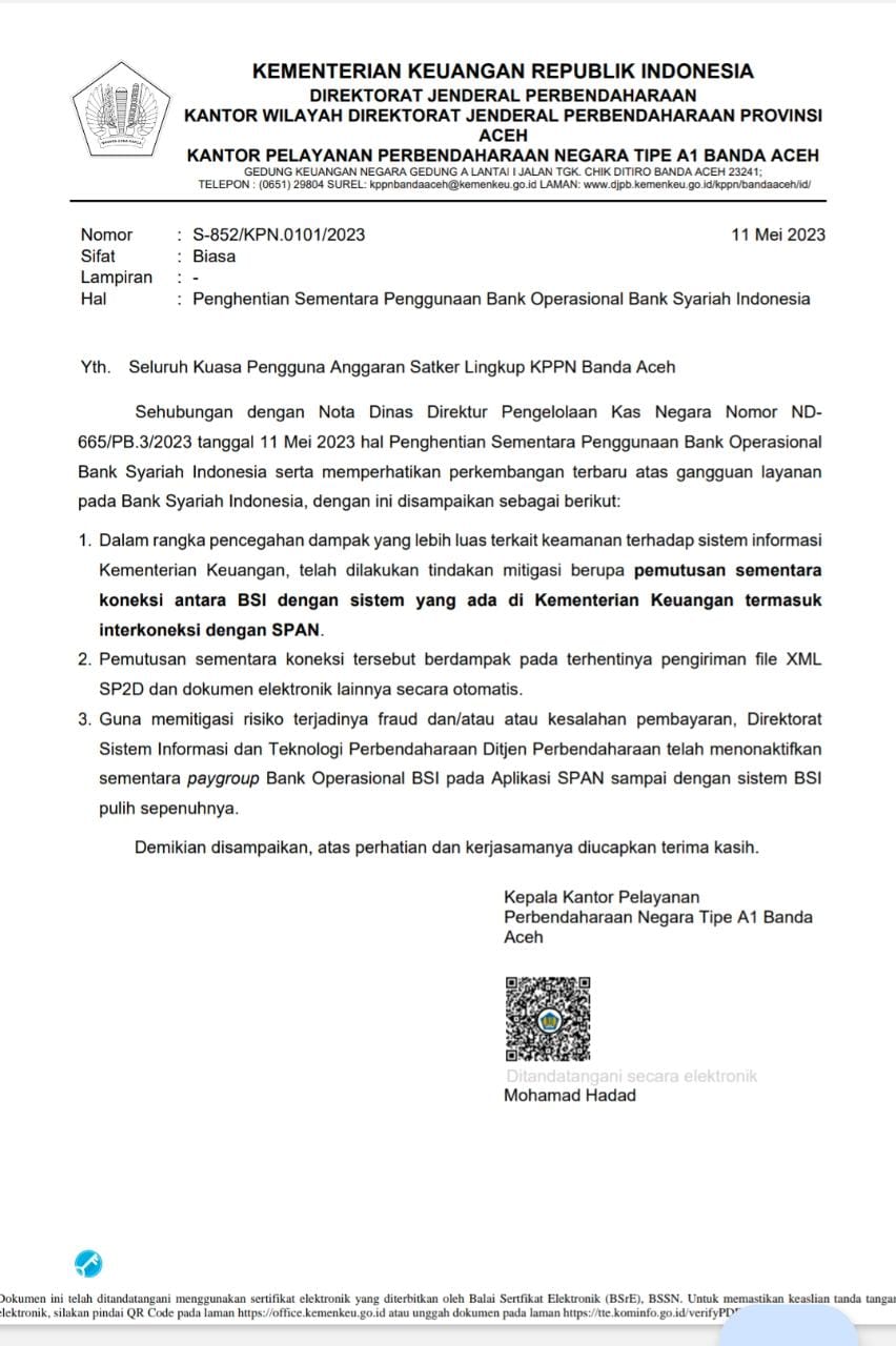  Penghentian Sementara Penggunaan Bank Operasional Bank Syariah Indonesia