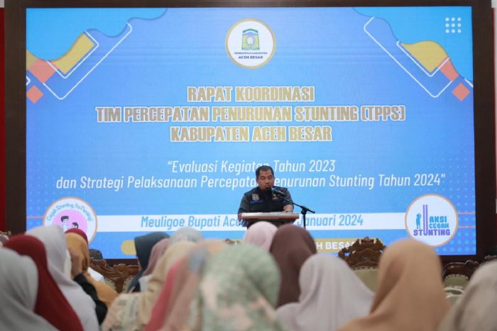 RAKOR STUNTING - Penjabat Bupati Aceh Besar Muhammad Iswanto SSTP MM membuka Rapat Koordinasi Tim Percepatan Penurunan Stunting Kabupaten Aceh Besar tahun 2024 di Meuligo Bupati Aceh Besar, Jumat (12/1/2024).
