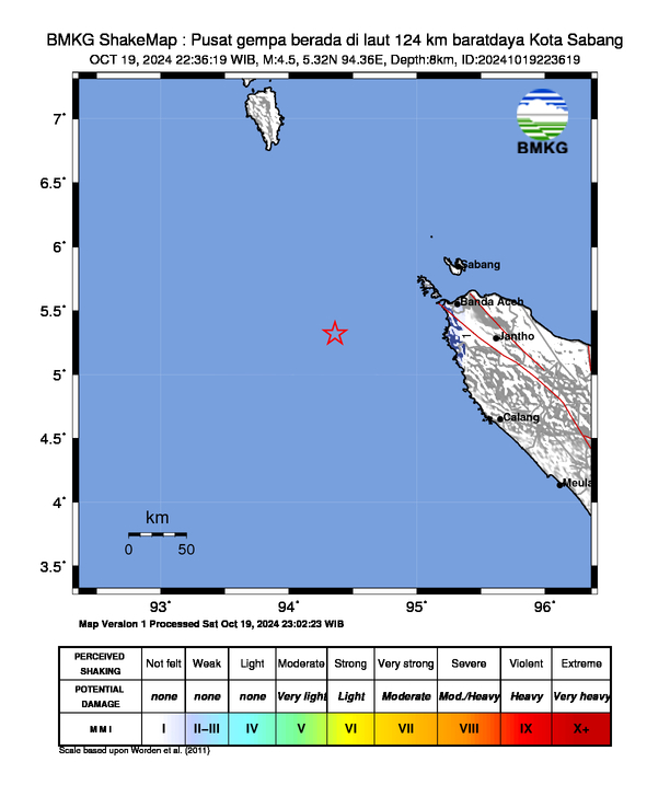 Pusat gempa berada di laut 124 km baratdaya Kota Sabang