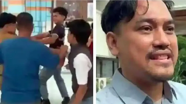 GURU DIKEROYOK SISWA - (kanan) Agus Saputra, guru SMK di Jambi yang dikeroyok siswanya, saat memberikan keterangan ke wartawan, Rabu (14/1/2026). (kiri) Tangkap layar video viral Agus saat dikeroyok siswa. Kini, seorang siswa mengungkap tabiat asli Agus di sekolah.